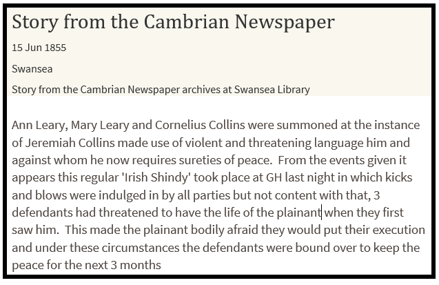 Cambrian Newspaper report of the Irish Shindy, 1855